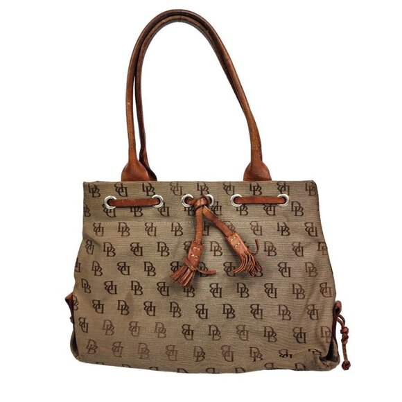 Dooney & Bourke Handbags - Dooney & Bourke Khaki Signature Monogram Canvas Tan Leather Tassel Tote
